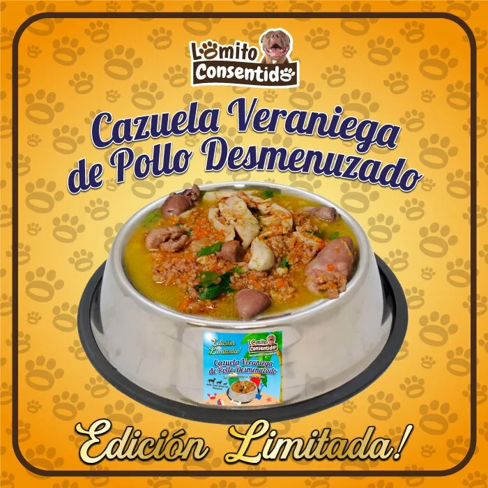 Oferta de 5 cazuelas veraniegas de pollo para perros, alimento natural rico en proteínas y vitaminas, promoción con ahorro de C$120 córdobas al recibir 6 cazuelas