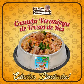 Oferta de 5 cazuelas veraniegas de res para perros, alimento natural rico en proteínas y hierro, promoción con ahorro de C$135 córdobas al recibir 6 cazuelas