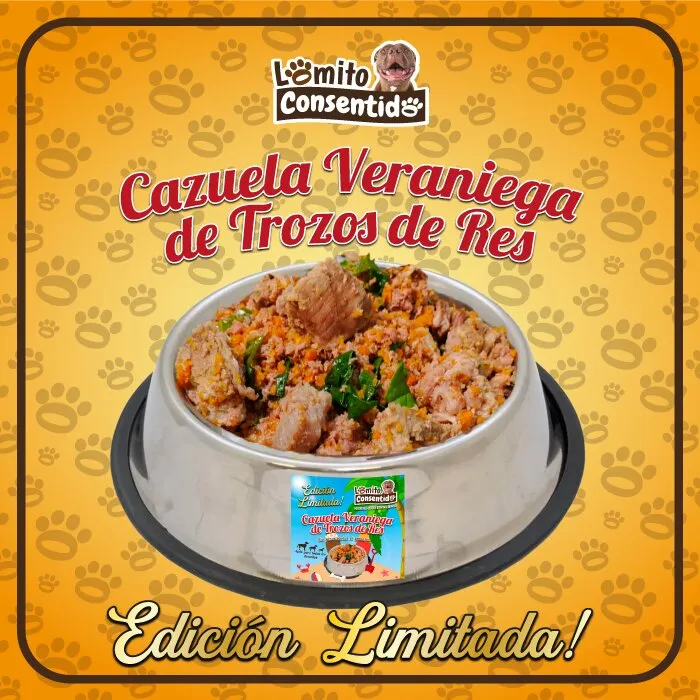 Oferta de 5 cazuelas veraniegas de res para perros, alimento natural rico en proteínas y hierro, promoción con ahorro de C$135 córdobas al recibir 6 cazuelas