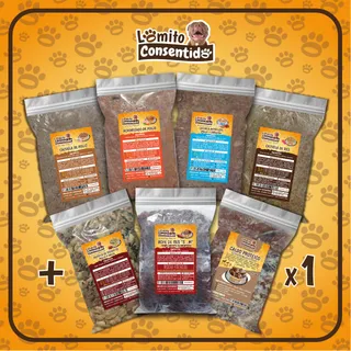 Paquete Lomito Inicial S para perros, incluye 7 productos: 1 libra de bofe de res S, 1 libra de achorizado de pollo, 1 libra de cazuela de pollo, 1 libra de cazuela de res, 1 libra de cazuela de hígado y pasta, 1 libra de nutri light y 1.5 libras de caldo proteico, alimento natural variado y nutritivo