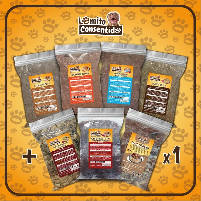 Paquete Lomito Inicial S para perros, incluye 7 productos: 1 libra de bofe de res S, 1 libra de achorizado de pollo, 1 libra de cazuela de pollo, 1 libra de cazuela de res, 1 libra de cazuela de hígado y pasta, 1 libra de nutri light y 1.5 libras de caldo proteico, alimento natural variado y nutritivo
