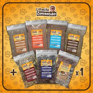 Paquete Lomito Inicial XL para perros grandes, incluye 7 productos: 1 libra de bofe de res XL, 1 libra de achorizado de pollo, 1 libra de cazuela de pollo, 1 libra de cazuela de res, 1 libra de cazuela de hígado y pasta, 1 libra de nutri light y 1.5 libras de caldo proteico, alimento natural variado y nutritivo