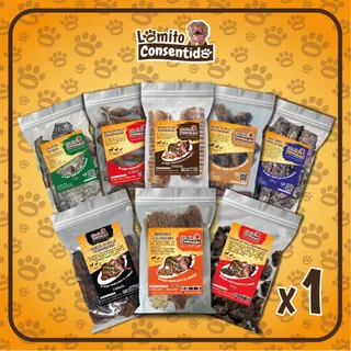 Paquete Snacks para perros, incluye 18 patitas de pollo deshidratadas, 18 cuellos de pollo deshidratados, 8 cabezas de pollo deshidratadas, 1 bolsa de galleta de bofe, 1 bolsa de tráquea deshidratada con 2 unidades de 15cm, 1 bolsa de mondongo deshidratado, 1 bolsa de tiritas de beef jerky y 1 bolsa de corazones de pollo deshidratados, surtido natural rico en proteínas y colágeno