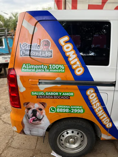 Parte trasera de van Lomito Consentido con diseño de huesos, bulldog y promoción de alimento natural para perros en Nicaragua.