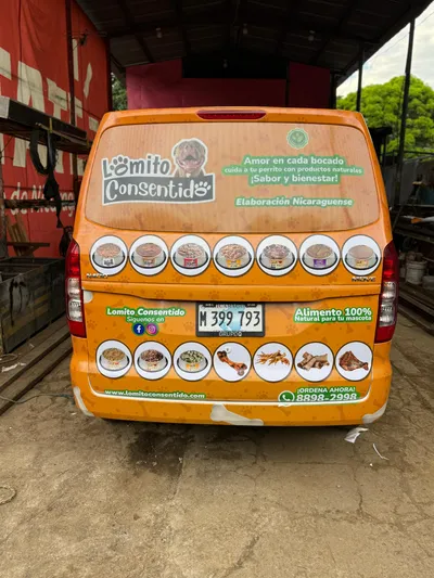 Van de entrega Lomito Consentido con gráficos promocionales de alimento natural para perros elaborado en Nicaragua.